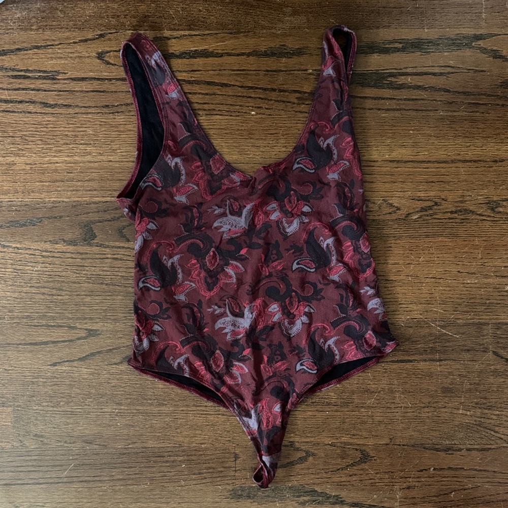 Free People Burgundy and Black Patterned Bodysuit